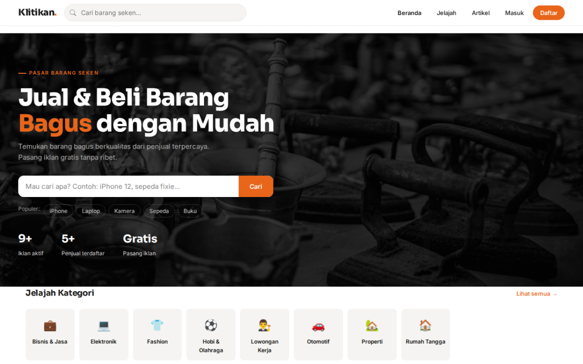 Tampilan platform jual beli barang seken Klitikan