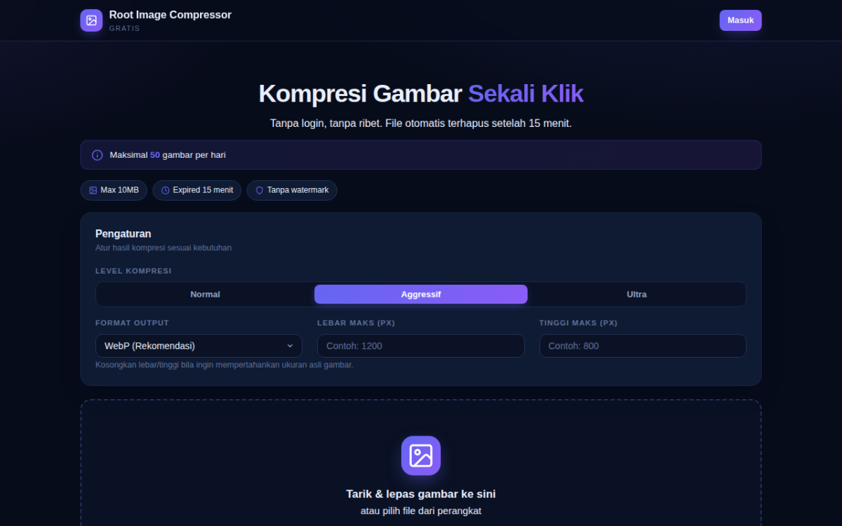 Tampilan tools kompresi gambar online Kompres