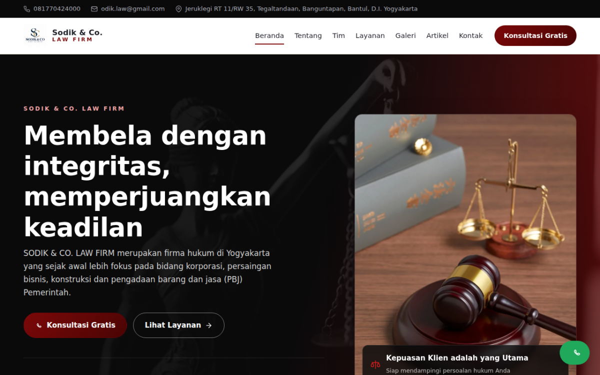 Tampilan website firma hukum Sodik dan Co di Yogyakarta